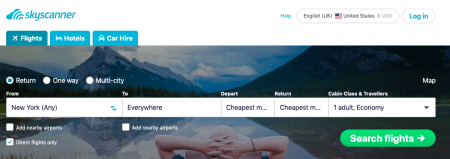 image shows skyscanner cheap flight search with the 